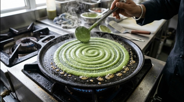 A perfectly folded crispy Pesarattu on a modern white plate