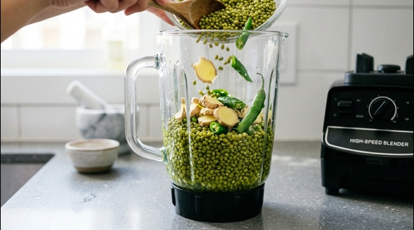 Grinding green gram and spices into a smooth batter for Pesarattu