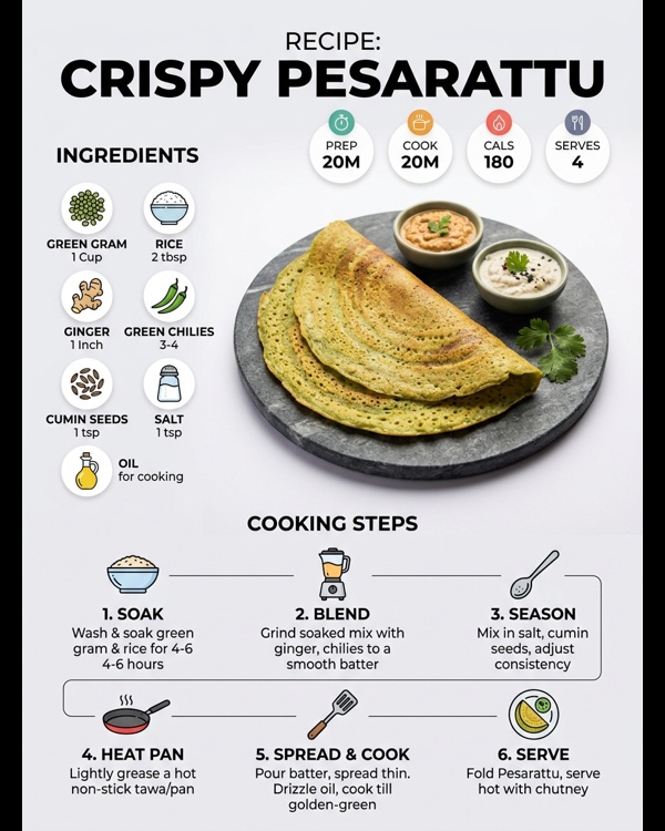 Restaurant style Pesarattu served hot with ginger chutney and sambar