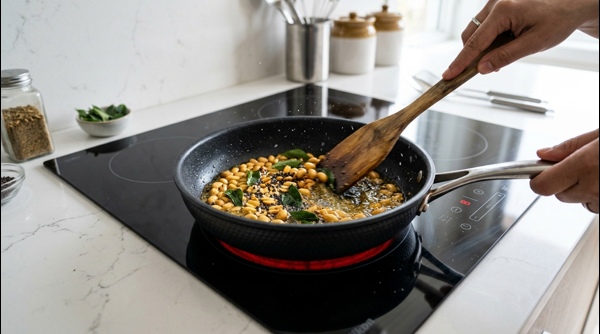 Stirring the yellow poha in a modern pan with steam rising from the fresh vegetables