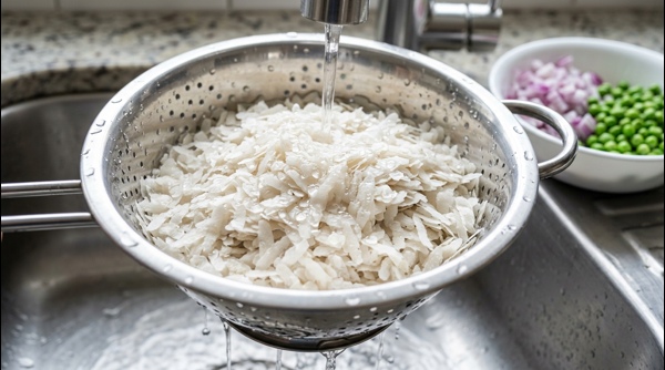 Rinsing thick rice flakes in a stainless steel colander under a modern kitchen tap