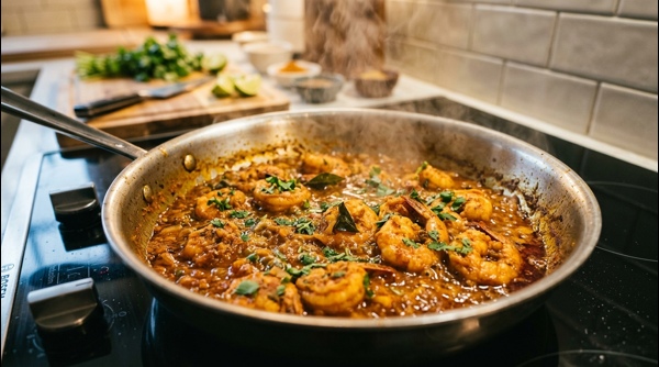 Prawn Masala simmering in a modern stainless steel pan on a glass stove top