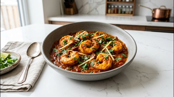 A delicious plate of Prawn Masala garnished with fresh cilantro in a modern kitchen