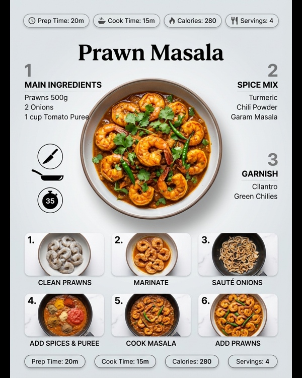 A delicious plate of Prawn Masala garnished with fresh cilantro in a modern kitchen