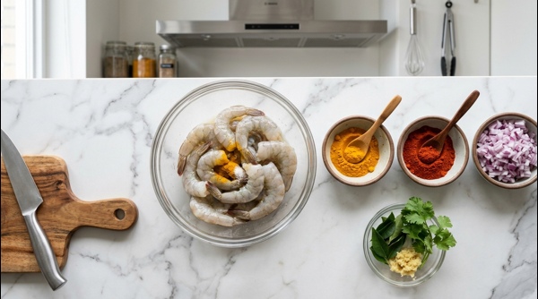 Freshly cleaned prawns and chopped ingredients on a white marble countertop