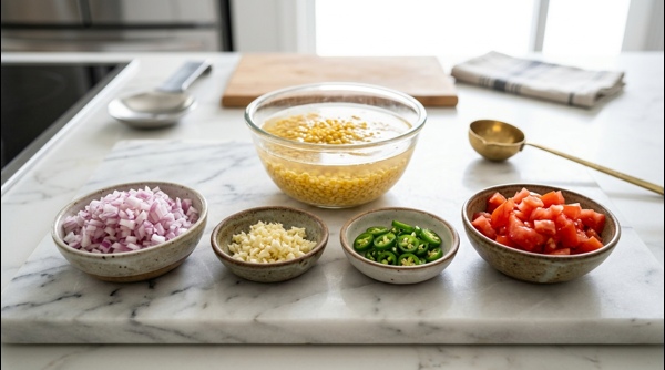 Chopped onions, garlic, and soaked lentils arranged neatly on a modern white marble countertop
