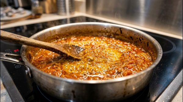 Rajma gravy simmering in a modern stainless steel pan with oil separating at the edges