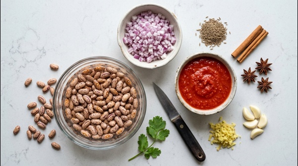 Soaked kidney beans in a glass bowl next to chopped onions and spices