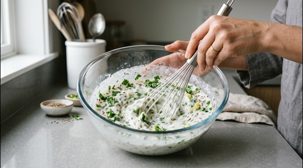 Whisking a thin, watery dosa batter in a modern white ceramic bowl