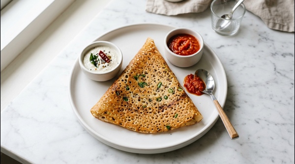 Crispy golden brown Rava Dosa served with coconut chutney and sambar