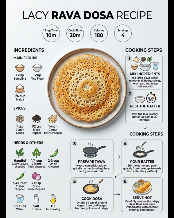 Crispy golden brown Rava Dosa served with coconut chutney and sambar