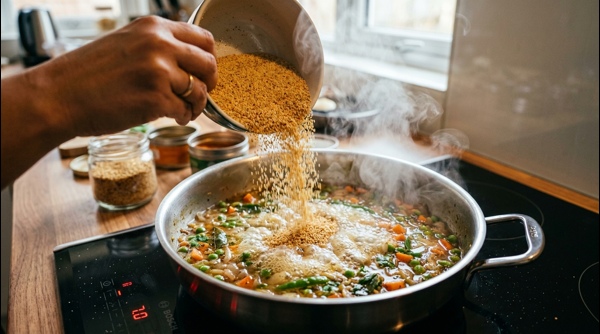 A beautifully plated bowl of rava upma with a side of coconut chutney