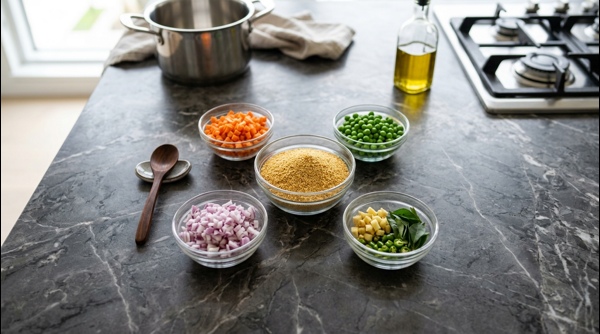 Chopped vegetables and roasted semolina arranged on a modern kitchen counter
