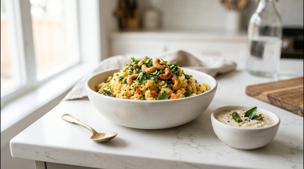 A steaming bowl of fluffy vegetable rava upma garnished with fresh cilantro and cashews