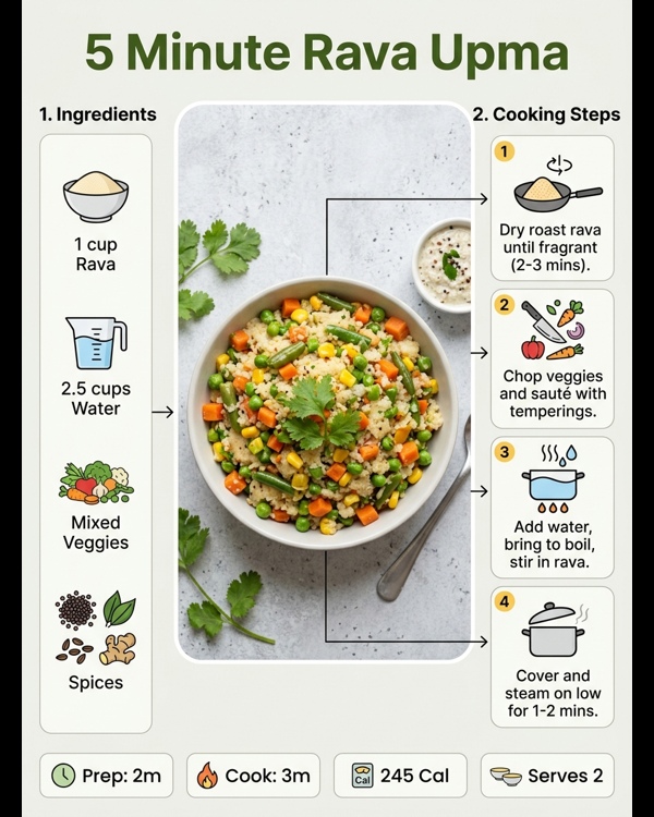 A steaming bowl of fluffy vegetable rava upma garnished with fresh cilantro and cashews