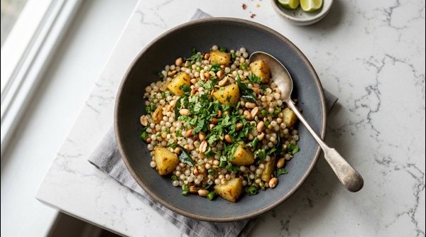 A steaming bowl of Sabudana Khichdi garnished with fresh cilantro and lemon