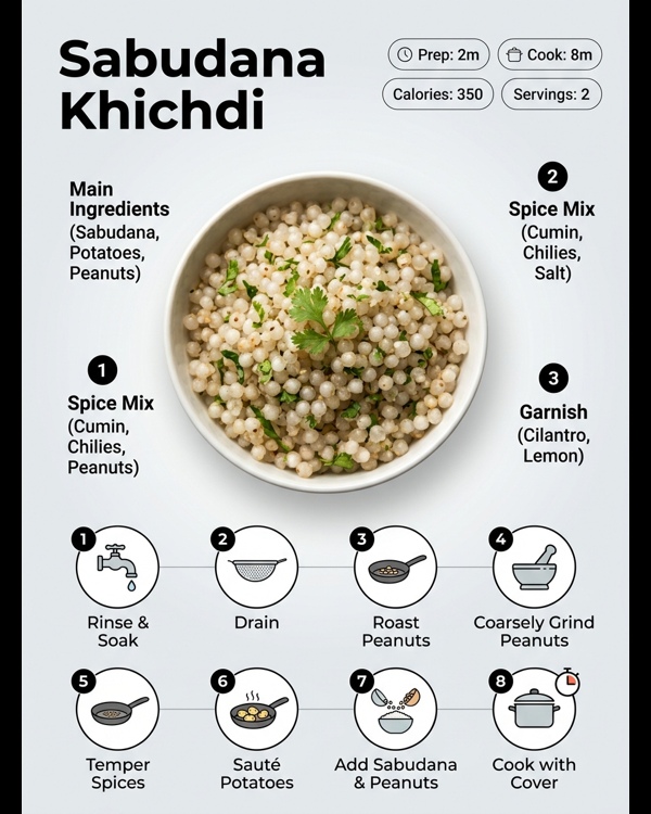 A steaming bowl of Sabudana Khichdi garnished with fresh cilantro and lemon