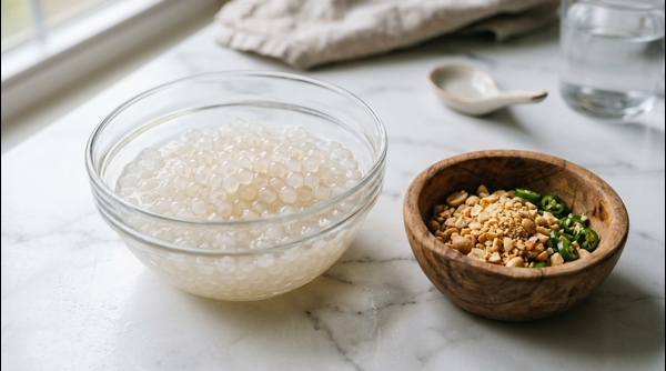Washed tapioca pearls and crushed peanuts ready for cooking