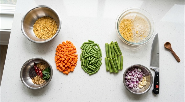 Freshly chopped vegetables and soaked lentils on a modern kitchen counter Freshly chopped vegetables and soaked lentils on a modern kitchen counter