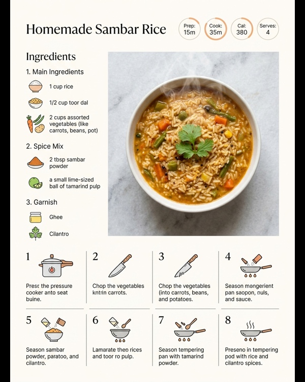 A steaming bowl of homemade style sambar rice served with ghee and papad A steaming bowl of homemade style sambar rice served with ghee and papad