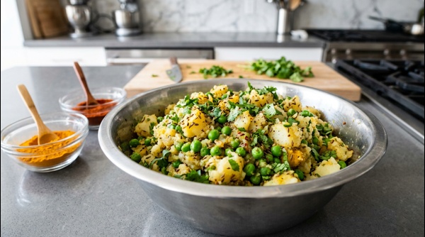Spiced potato and pea filling for veg samosas in a modern bowl