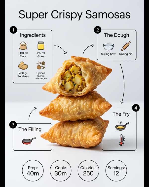 Super crispy golden brown samosas served with green chutney on a white plate