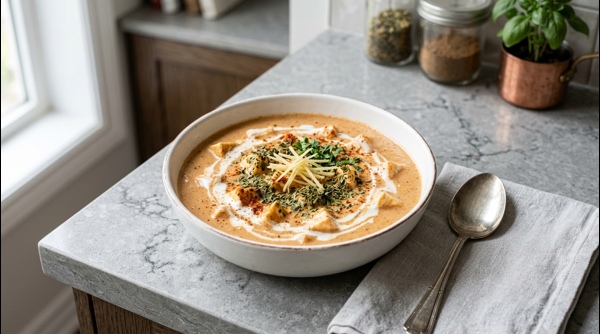 A bowl of creamy Shahi Paneer garnished with cream and ginger julienne A bowl of creamy Shahi Paneer garnished with cream and ginger julienne