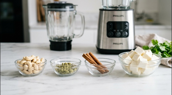 A smooth white onion and cashew paste being blended in a modern mixer A smooth white onion and cashew paste being blended in a modern mixer