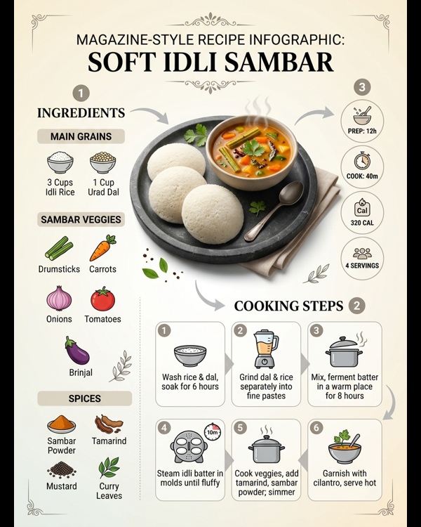 A steaming plate of soft white idlis served with flavorful veg sambar and coconut chutney A steaming plate of soft white idlis served with flavorful veg sambar and coconut chutney