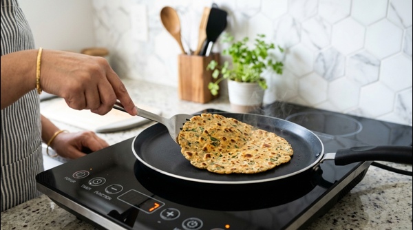 A thin thepla being cooked on a modern flat pan with golden brown spots