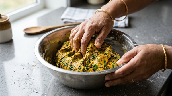 Hands kneading thepla dough with fresh green fenugreek leaves in a modern bowl