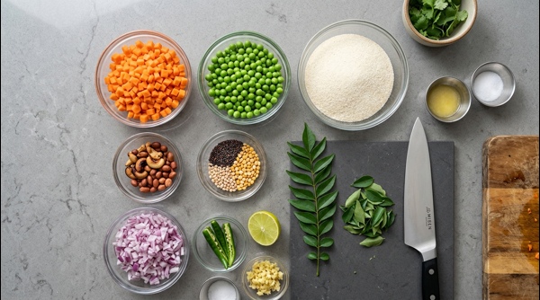 Chopped vegetables and roasted semolina on a modern kitchen counter