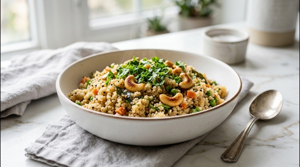 Restaurant style upma served in a white bowl with chutney and sambar