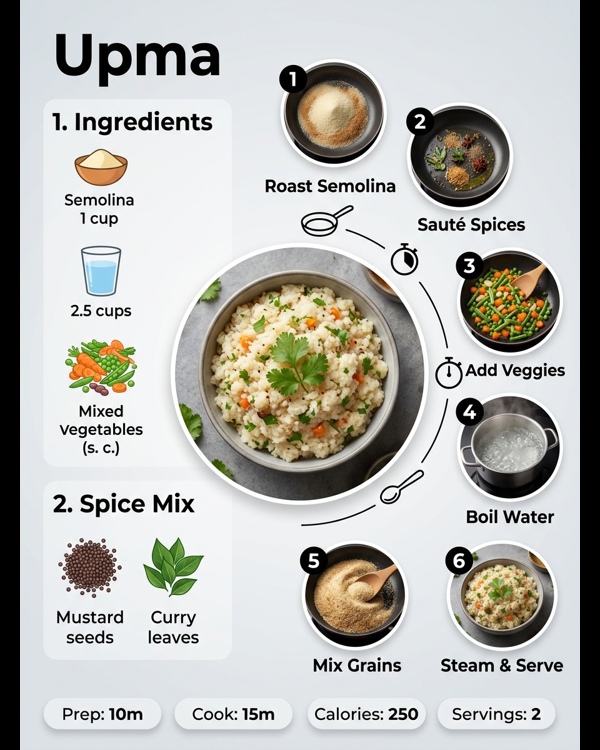 Restaurant style upma served in a white bowl with chutney and sambar