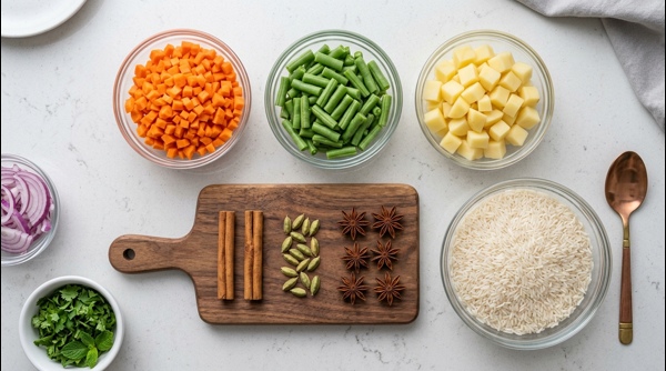 Sautéing mixed vegetables and spices in a modern stainless steel pot