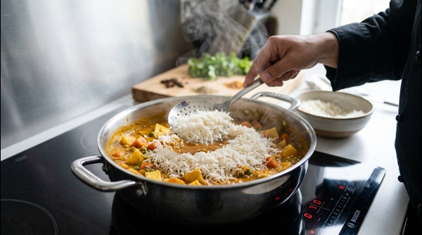 The final plated veg biryani garnished with fried onions and mint leaves
