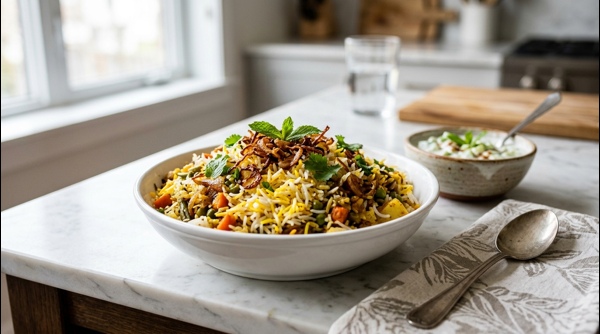 A steaming plate of traditional style veg biryani served with fresh raita on a marble countertop