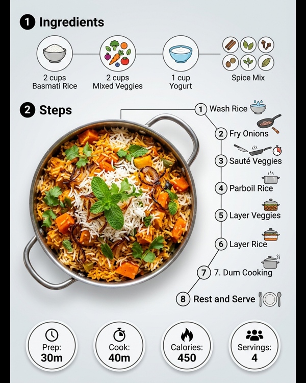 A steaming plate of traditional style veg biryani served with fresh raita on a marble countertop