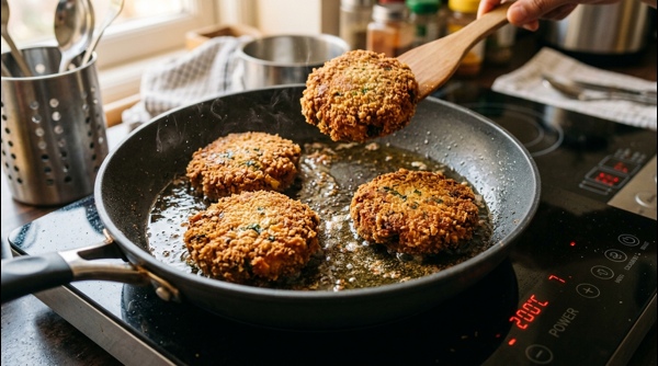 Crispy golden veg cutlets arranged on a designer plate with a side of dipping sauce Crispy golden veg cutlets arranged on a designer plate with a side of dipping sauce