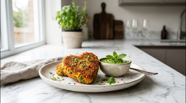 A platter of golden brown crispy veg cutlets served with mint chutney and ketchup on a modern white plate A platter of golden brown crispy veg cutlets served with mint chutney and ketchup on a modern white plate