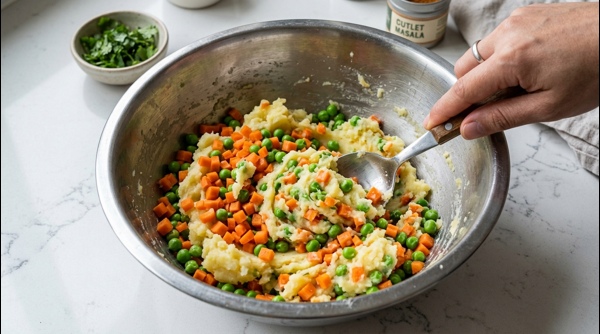 Mashing boiled potatoes and mixing colorful vegetables in a modern stainless steel bowl Mashing boiled potatoes and mixing colorful vegetables in a modern stainless steel bowl