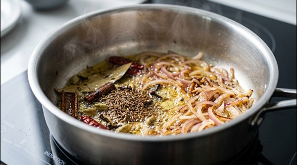Final plated vegetable pulao with steam rising and garnish on top