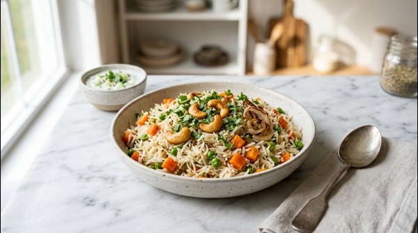 A steaming bowl of homemade vegetable pulao garnished with fresh coriander and fried cashews