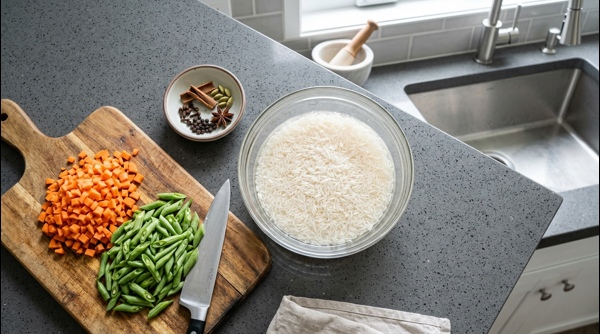 Chopped carrots beans and soaked basmati rice on a modern kitchen counter