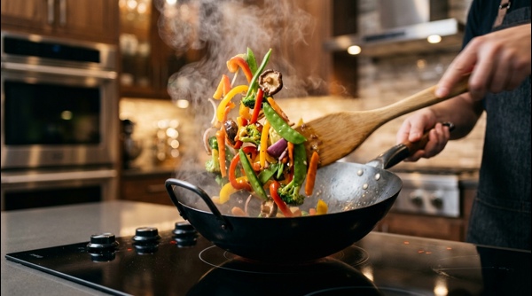 Golden brown spring rolls being lifted out of hot oil with a slotted spoon