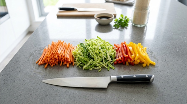 Finely shredded cabbage and carrots on a clean white countertop