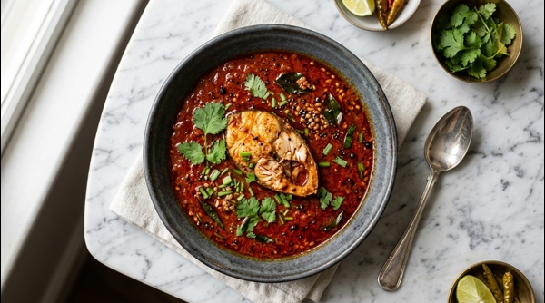 A vibrant red village style fish curry served in a modern ceramic bowl garnished with fresh cilantro A vibrant red village style fish curry served in a modern ceramic bowl garnished with fresh cilantro