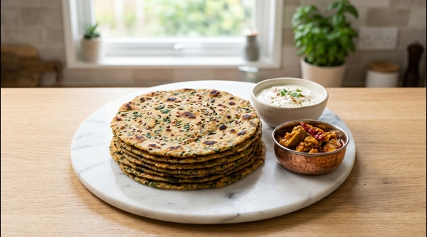 A stack of soft village style theplas served with mango pickle and yogurt on a marble countertop