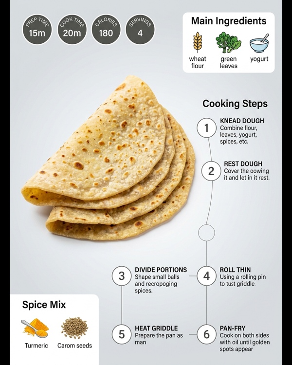 A stack of soft village style theplas served with mango pickle and yogurt on a marble countertop