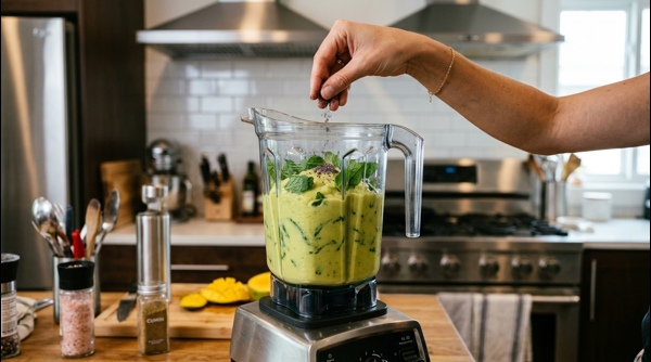 A refreshing glass of Aam Panna with ice and mint leaves in a modern kitchen setting